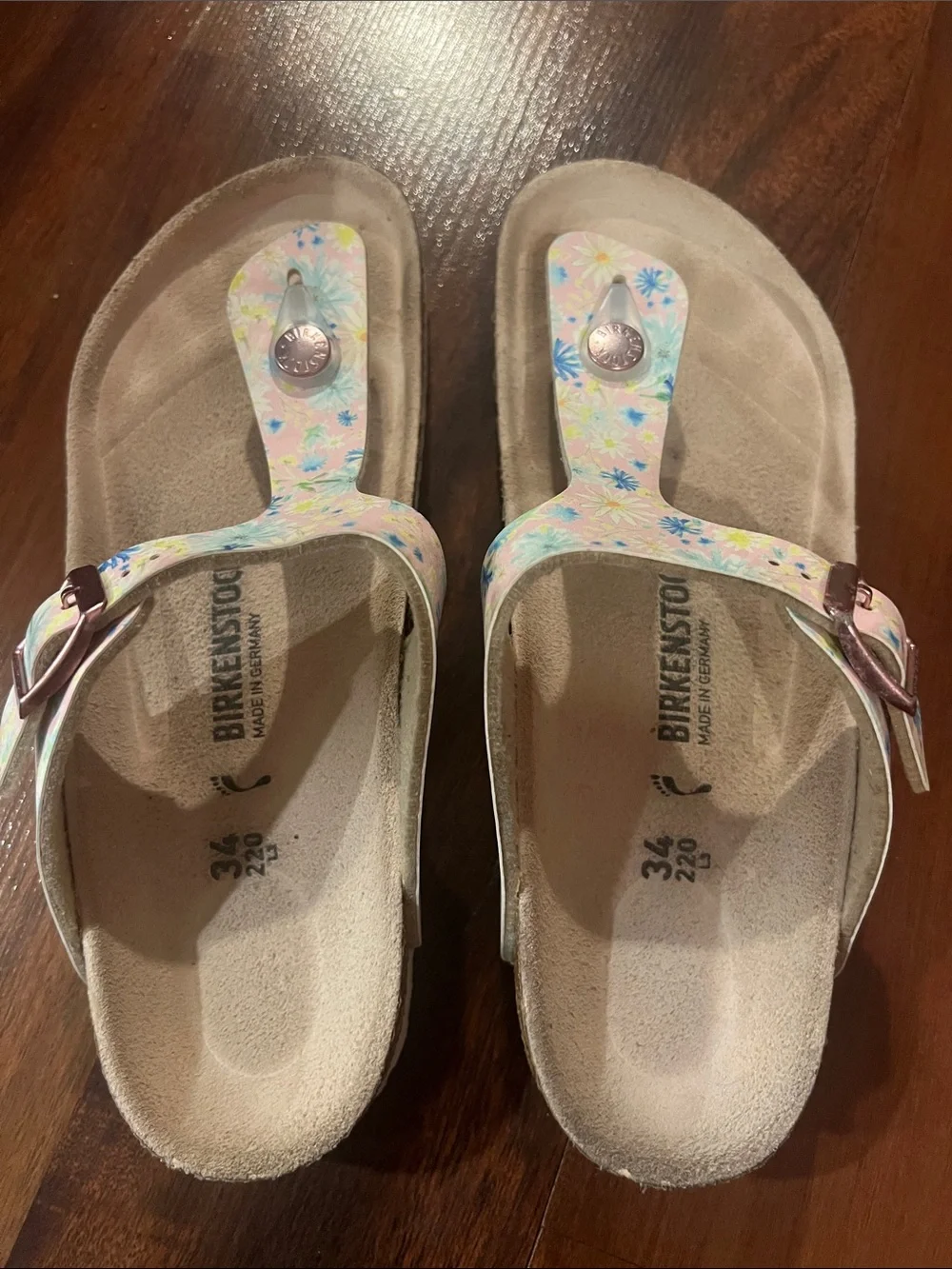 Birkenstock Kids Floral T-Strap Sandals - Light Pink, Blue & Yellow
